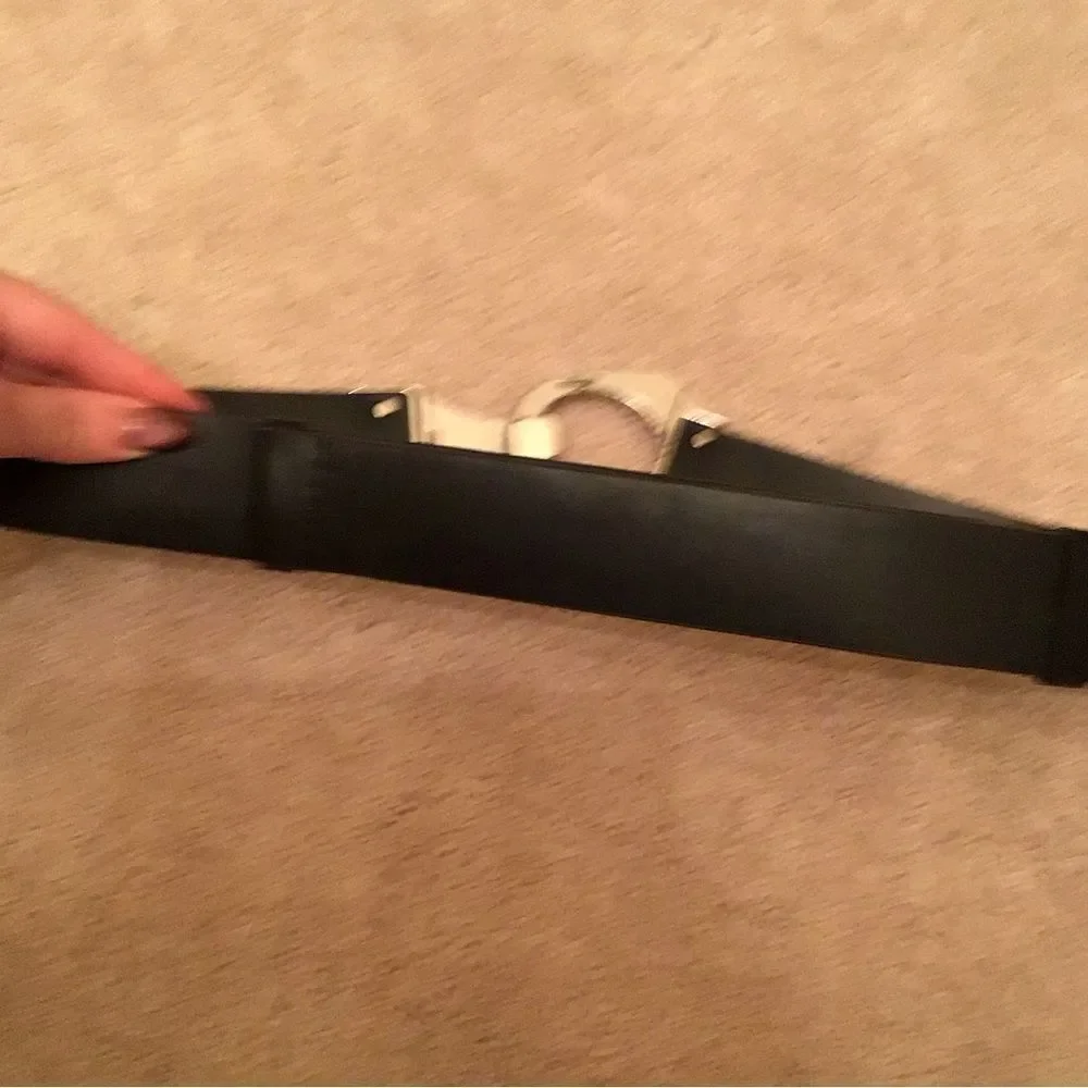 Chico’s Aztec Black Leather Belt with Silver Buckle